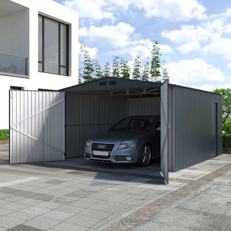 13x14 Lotus Apollo Metal Garage in Anthracite Grey - in situ, angle view, doors open