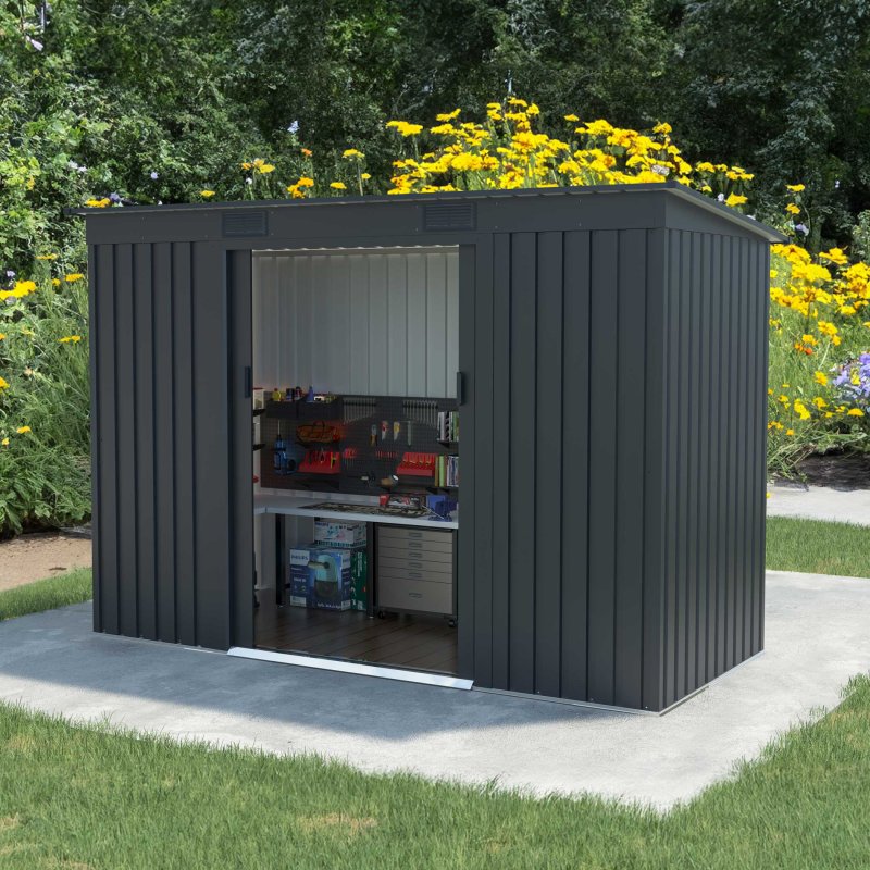 9x4 Lotus Adonis Pent Metal Shed in Anthracite Grey - in situ, angle view, doors open