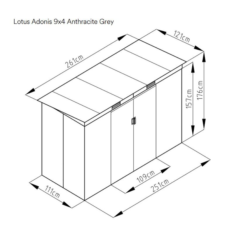 Lotus Adonis 9x4 Pent Metal Shed Grey - elbec garden buildings