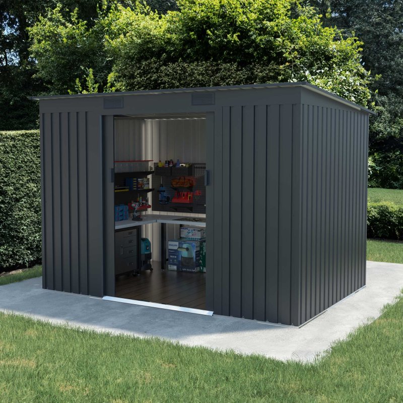 8x6 Lotus Adonis Pent Metal Shed in Anthracite Grey - in situ, angle view