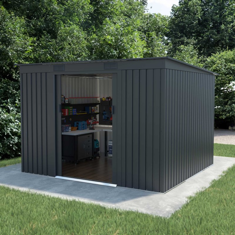 8x8 Lotus Adonis Pent Metal Shed in Anthracite Grey - in situ, angle view, doors open