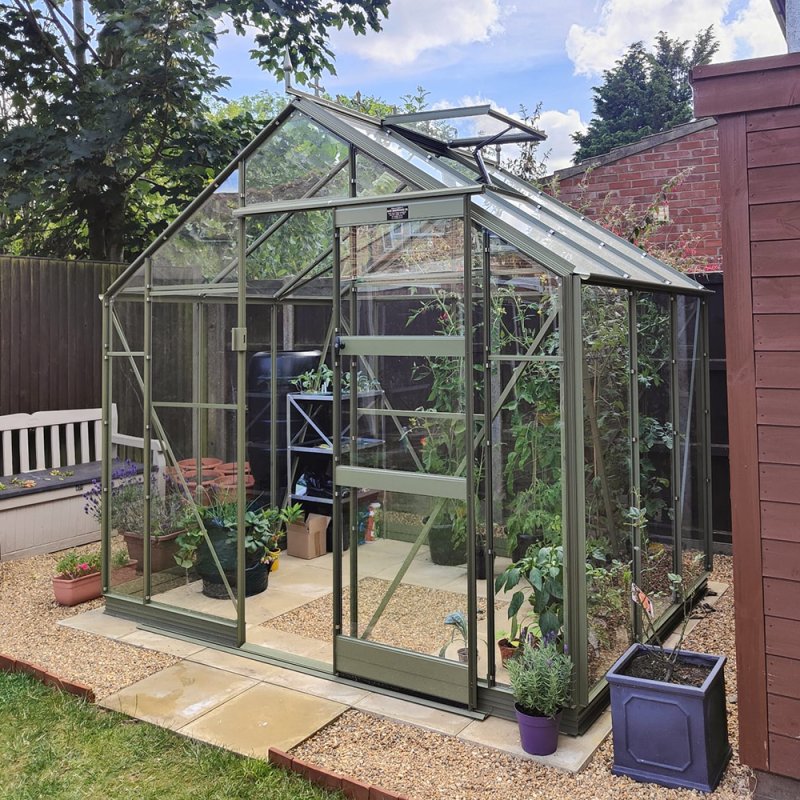 Elite Belmont 8x6 Greenhouse in Olive powder coating with optional extras