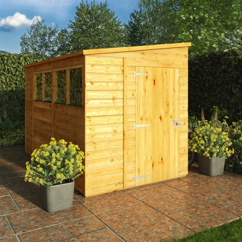 Mercia Woodsman Shiplap Pent 10x6 Shed - in situ, angle view