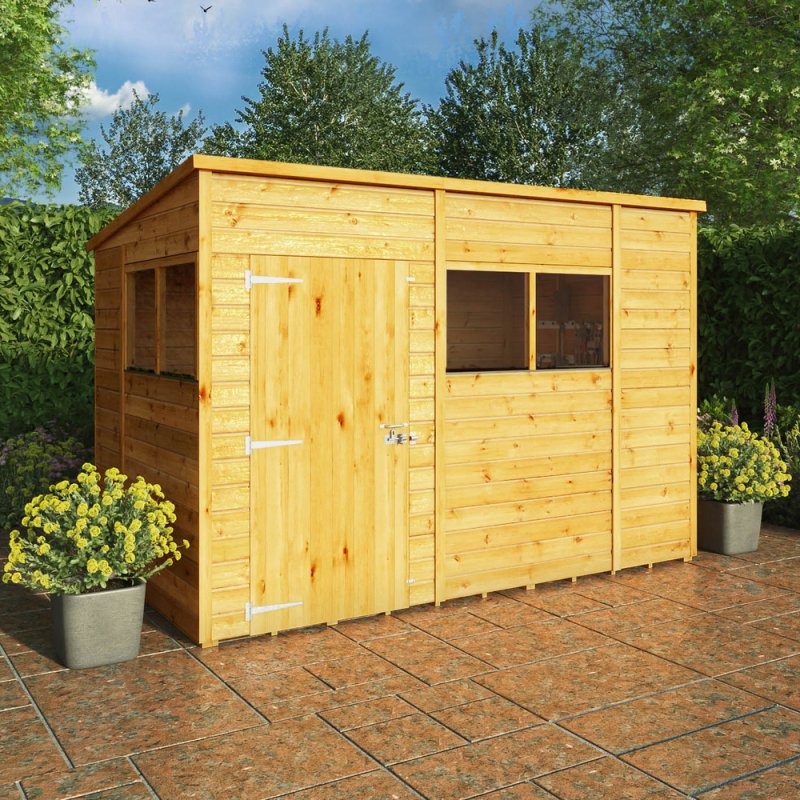 Mercia Woodsman Shiplap Pent 10x6 Shed - in situ, angle view