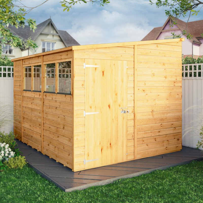 Mercia Woodsman Shiplap Pent 10 x 8 Shed - in situ, angle view