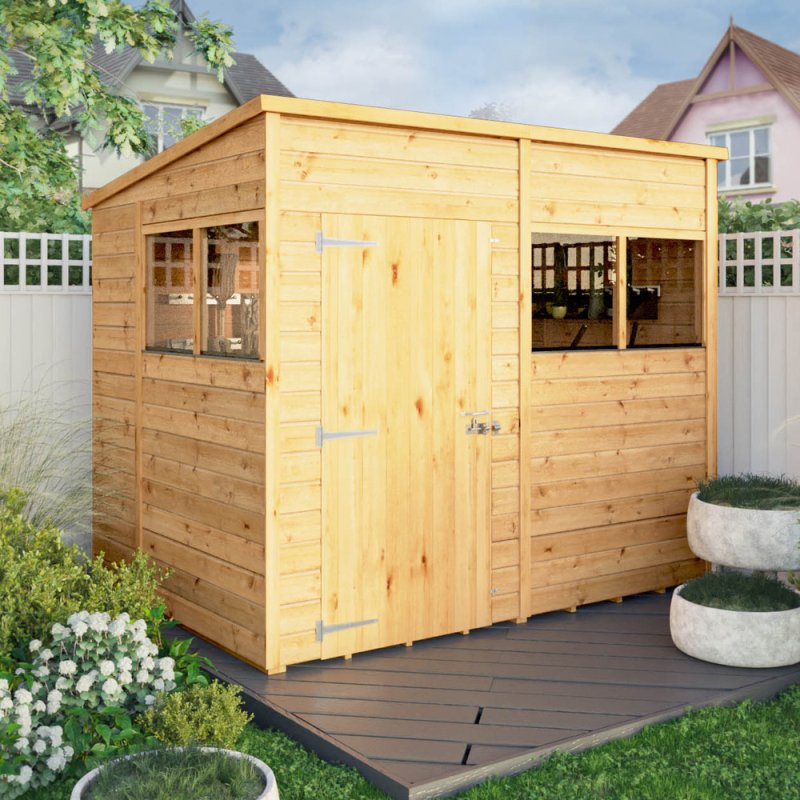 Mercia Woodsman Shiplap Pent 8 x 6 Shed - in situ, angle view, doors closed