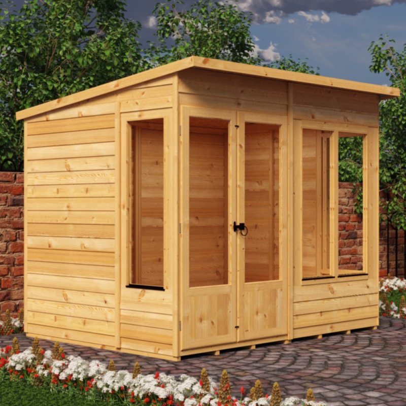 Shire Alora 8 x 6 Pent Summerhouse - in situ, angle view, doors closed