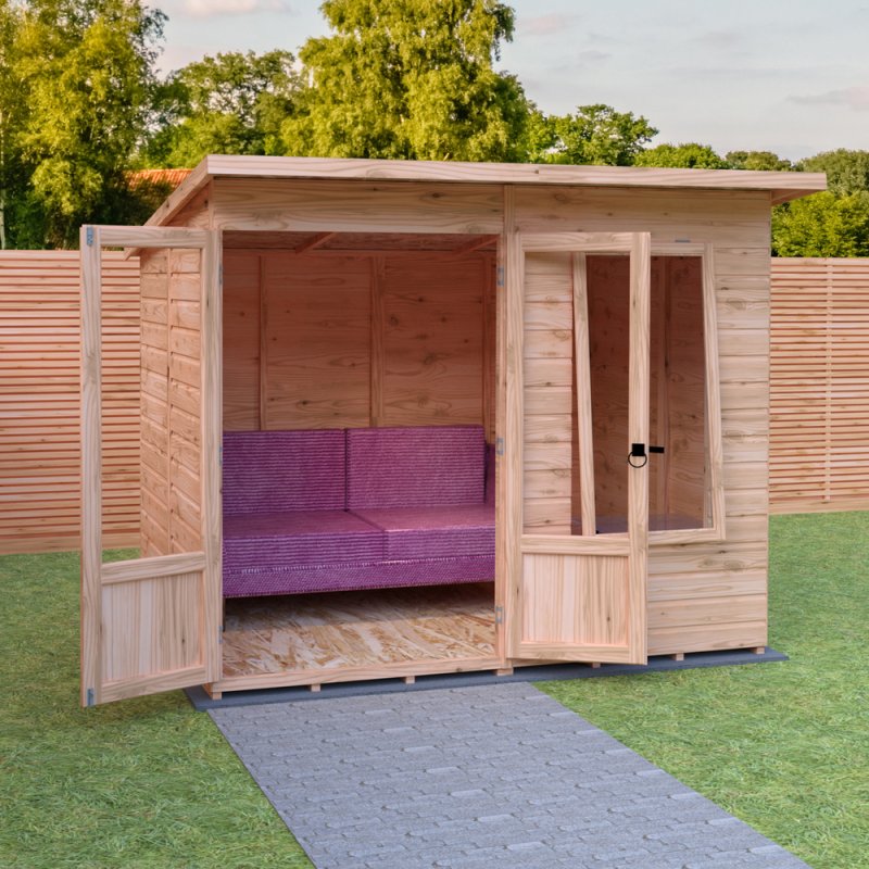 Shire Peony 8x6 Pent Summerhouse - in situ, angle view, doors open