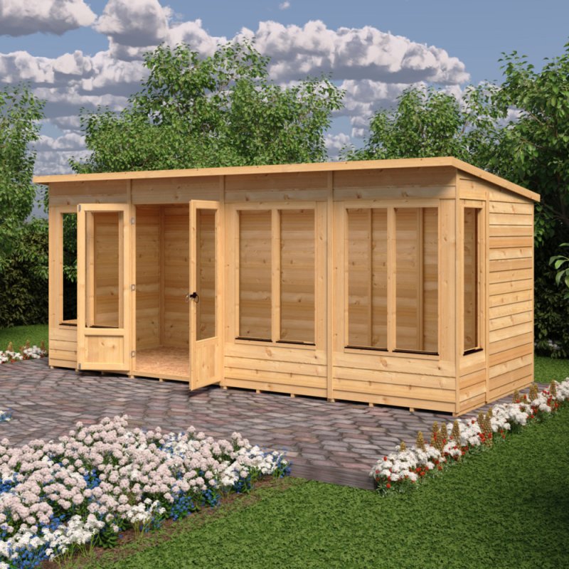 Shire Alora 16x6 Pent Summerhouse - in situ, angle view, doors open