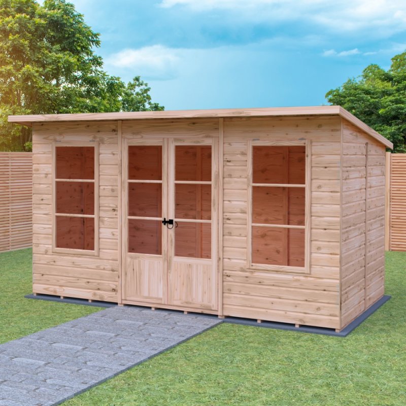 Shire Dahlia 12 x 6 Pent Summerhouse - in situ, angle view, doors closed