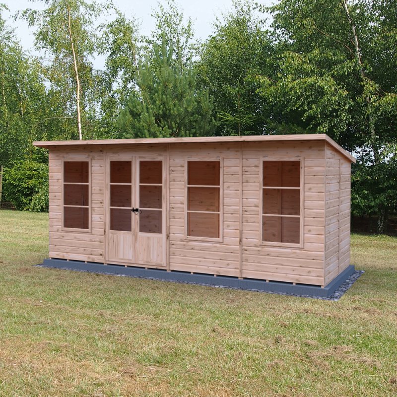 Shire Dahlia 16x6 Pent Summerhouse - in situ, angle view, doors closed