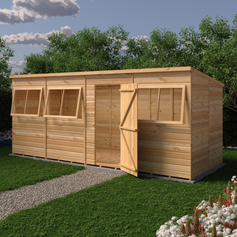 16x6 Shire Shiplap Pent Shed - in situ, angle view, doors open