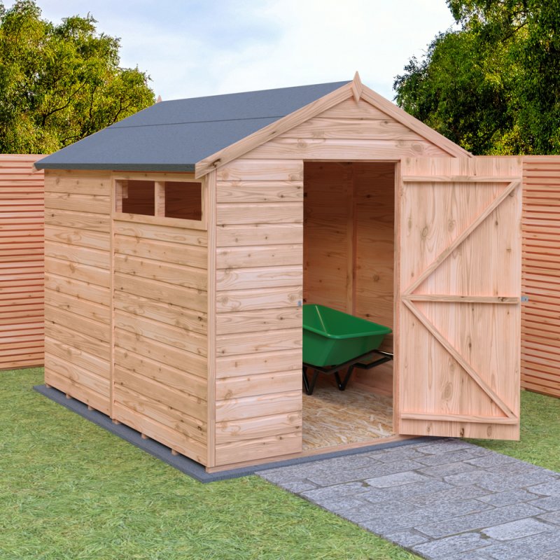 Shire Sherburn Shiplap Apex 8 X 6 Shed - in situ, angle view, doors open