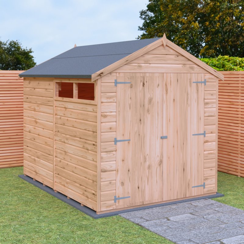 Shire Langley Shiplap Apex 8 x 6 Shed - in situ, angle view, doors closed