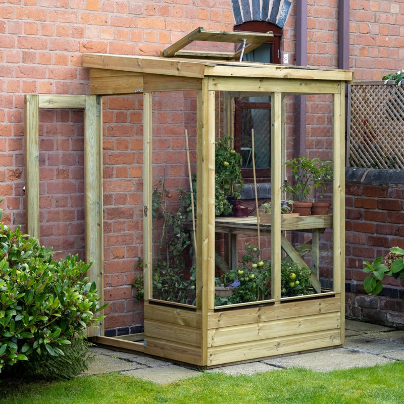 4x4 Forest Wallscape Lean To Wooden Greenhouse With Open Back - Pressure Treated - in situ angle view, doors open