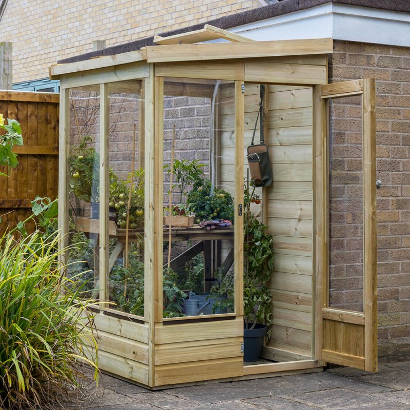 4 x 4 Forest Wallscape Lean To Greenhouse With Solid Back - Pressure Treated - in situ, angle view, doors open