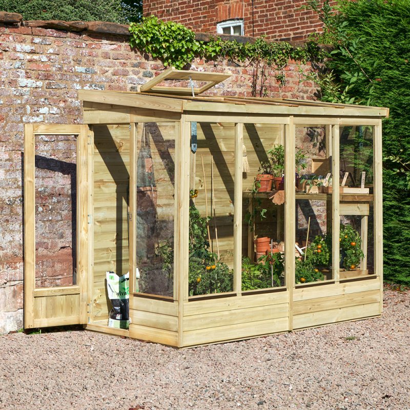 4 x 8 Forest Wallscape Lean To Greenhouse With Solid Back - Pressure Treated - in situ, angle view