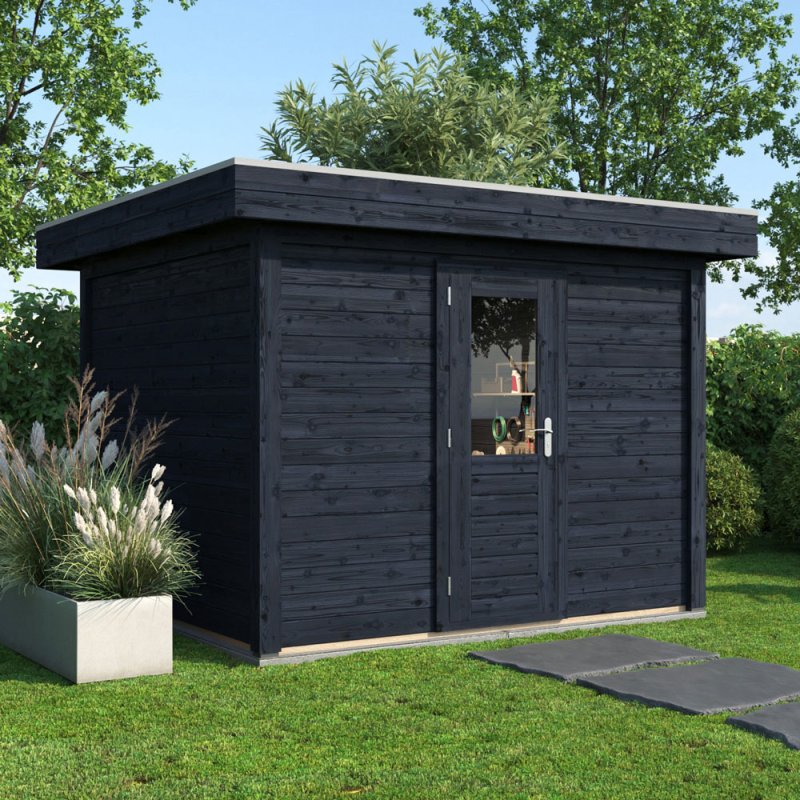 3m X 3m Lugarde Select Kent Pent Log Cabin Summerhouse In 28mm & 44mm Wall Thickness - Treated Black - in situ