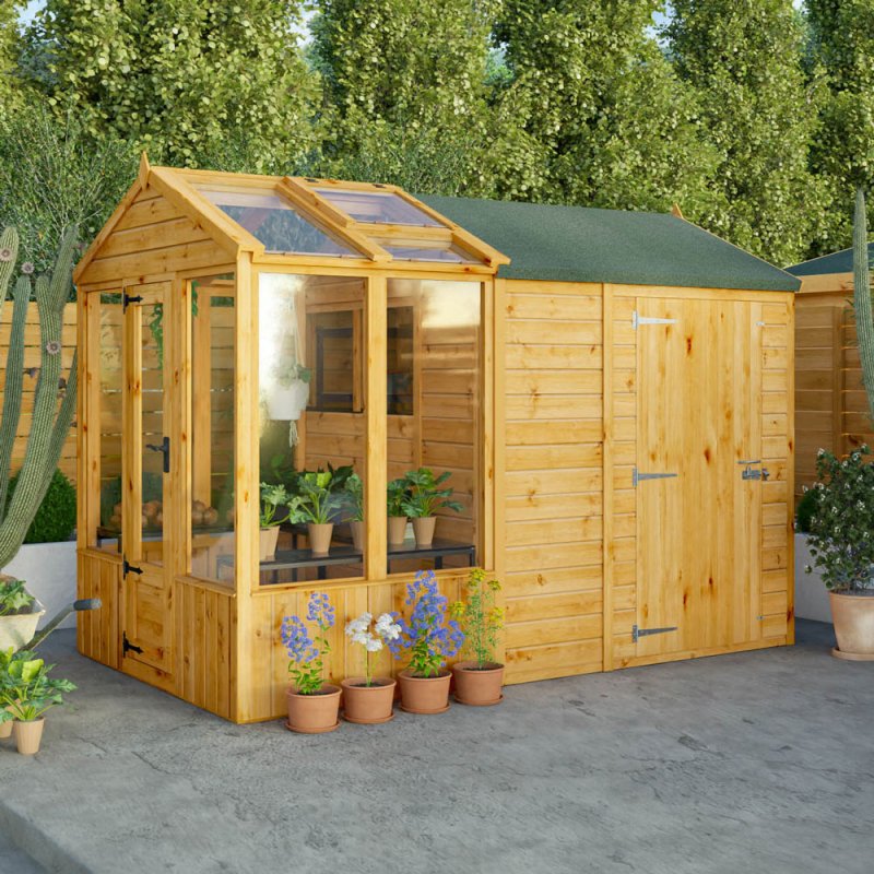 10 X 6 Mercia Woodsman Combi Greenhouse With Shed - in situ, angle view