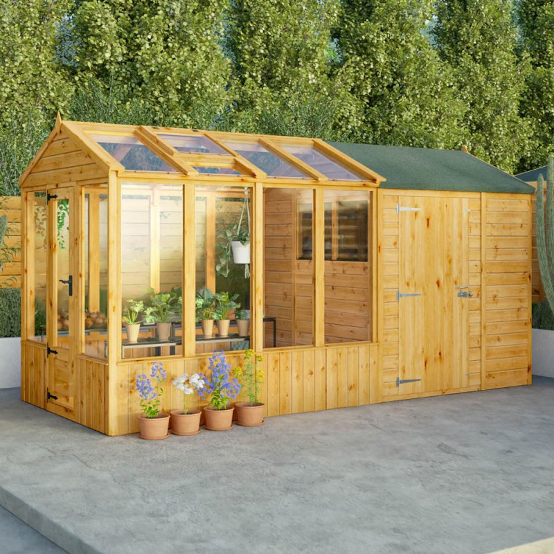 14 X 6 Mercia Woodsman Combi Greenhouse With Shed - in situ, angle view, doors closed