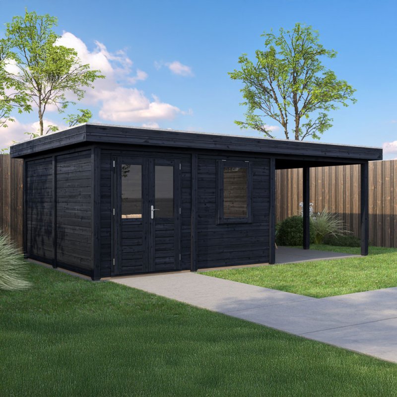 7m X 4m Lugarde Norwich Pent Summerhouse With Side Canopy In 28mm & 44mm Wall Thickness - Black - in situ